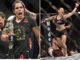 Amanda Nunes (L) will defend her title against Cris Cyborg at UFC 232 on Saturday. (Jason Franson/THE CANADIAN PRESS/Benjamin Hager/Las Vegas Review-Journal via AP)