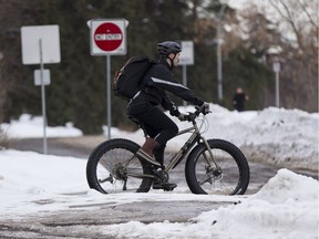 A man rides a fat bike in a bike lane on 116 Street near Emily Murphy Park Road near the University of Alberta campus in Edmonton, Alta., on Wednesday, Feb. 18, 2015. Some Edmontonians commute to and from work, school and play during the winter on their bicycles. Ian Kucerak/Edmonton Sun/ QMI Agency