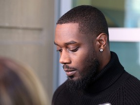 Calgary Stampeders receiver DaVaris Daniels speaks outside the Calgary Courts Centre on the first day of the Mylan Hicks second degree murder trial, Monday December 3, 2018. Nelson Lugela is on trial for shooting Hicks, a Calgary Stampeders defensive back, outside a Calgary bar on September 25, 2016. Gavin Young/Postmedia