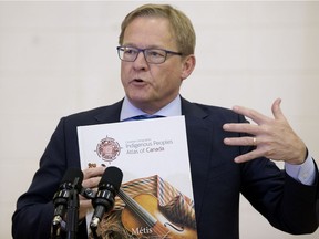 Education Minister David Eggen at a news conference at Ben Calf Robe School, 11833 64 St., in Edmonton on Friday, Jan. 18, 2019 where the province announced that it is now providing every Alberta junior high and high school with a copy of the Canadian Geographic Indigenous Peoples Atlas of Canada.