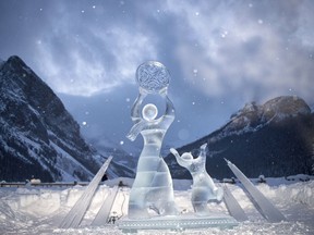 An ice sculpture called Sun Dance seems to be beckoning the gods at the 25th annual Ice Magic Festival at Lake Louise. The beautiful statue was carved by Team Sakha from Russia. and won second place at the competition. photo by Pam Doyle/pamdoylephoto.com