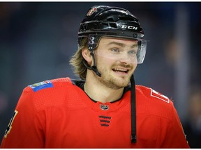 Calgary Flames Rasmus Andersson during the pre-game skate before facing the Vancouver Canucks in NHL hockey at the Scotiabank Saddledome in Calgary on Monday, December 31, 2018. Al Charest/Postmedia