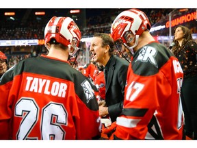 Calgary Roughnecks head coach Curt Malawsky gives marching orders for his team during a game against the New England Blackwolves during NLL lacrosse at the Scotiabank Saddledome in Calgary on Saturday, Jan. 12. Photo by Al Charest/Postmedia.