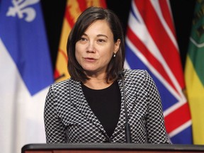 Alberta Minister of Environment and Parks Shannon Phillips speaks at a press conference after a meeting with provincial and territorial environment ministers in Ottawa on June 28, 2018. Alberta's environment minister says there have been nine cases of verbal and other harassment of government officials surrounding hearings into the controversial Bighorn County park plan. Shannon Phillips says two of the cases are serious, but declined to give further details.