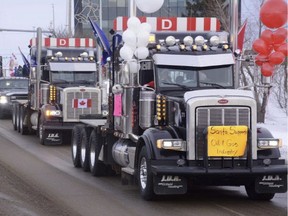 This file photo shows a rally in Grande Prairie in mid-December in support of the province's energy industry. It was followed by a convoy of more than 600 trucks that drove through the city.