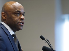 In this Nov. 15, 2018 file photo, Denver Mayor Michael Hancock addresses the media during a news conference in Denver.