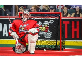 Calgary Roughnecks Christian Del Bianco reacts after giving up a goal to the New England Blackwolves during NLL lacrosse at the Scotiabank Saddledome in Calgary on Saturday, January 12, 2019. Al Charest/Postmedia