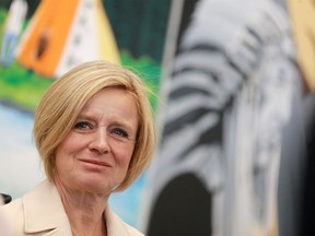 Premier Rachel Notley stands in front of a native themed mural after announcing funding of $1 million for an Indigenous Language Resource Centre at Calgary's New Central Library on Wednesday morning January 23, 2019.  Gavin Young/Postmedia