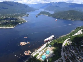 An aerial view of the Trans Mountain marine terminal in Burnaby on May 29, 2018.