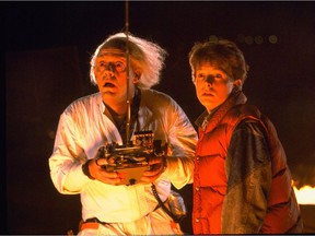 Christopher Lloyd (as Dr. Emmett Brown) and Michael J. Fox (as Marty McFly) in Back to the Future.