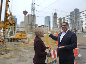 Mayor Naheed Nenshi and then-premier Rachel Notley announce a formal funding agreement for the Green Line LRT project in Calgary on Wednesday, Jan. 30, 2019.