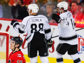 Matthew Tkachuk reacts after giving up a goal to Jarome Iginla during a game against the Los Angeles Kings in 2017. Tkachuk first met Iginla when he was with his dad Keith at the 2004 NHL All-Star game at Minnesota.