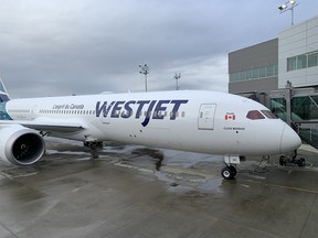 WestJet’s first Boeing 787-9 Dreamliner, named in honour of the airline’s chairman and founder, Clive Beddoe, on the Tarmac in Everett, Washington