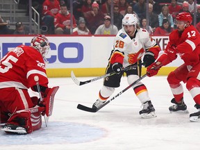 DETROIT, MICHIGAN - JANUARY 02:  Elias Lindholm #28 of the Calgary Flames gets a first period shot off between Filip Hronek #17 and Jimmy Howard #35 of the Detroit Red Wings at Little Caesars Arena on January 02, 2019 in Detroit, Michigan. (Photo by Gregory Shamus/Getty Images)