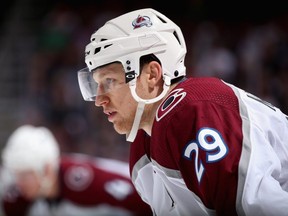 Avalanche forward Nathan MacKinnon awaits a face-off against the Coyotes during third period NHL action in Glendale, Arizona, on Dec. 22, 2018.