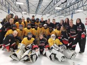 Team Nova and the Metcalfe Hornets pose together during the 2019 Esso Golden Ring ringette tournament in Calgary.