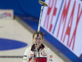 Laura Walker reacts after delivering her last stone during Draw 8 against Winnipeg's Kerri Einarson during the recent Home Hardware Canada Cup in Estevan, Sask. File photo by Michael Burns/Curling Canada.