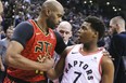 Toronto Raptors guard Kyle Lowry (7) and Atlanta Hawks forward Vince Carter (15) in Toronto, Ont. on Tuesday January 8, 2019. The Toronto Raptors host the Atlanta Hawks. Veronica Henri/Toronto Sun/Postmedia Network