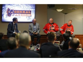 Bearcat Murray, equipment manager for the Calgary Centennials, Cowboys, Wranglers and Flames and early 70's Centennials players Jerry Holland, middle and Mike Rogers at the Scotiabank Saddledome in Calgary, on Thursday January 31, 2019 during the The Corral Series Luncheon. Leah Hennel/Postmedia