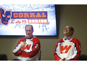 Former Wranglers Dana Murzyn and Kelly Kisio reminisce at the Scotiabank Saddledome in the days leading up to the opening of The Corral Series. Photo by Leah Hennel/Postmedia.