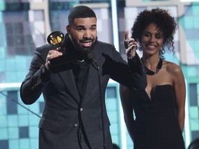 Drake accepts the award for best rap song for "God's Plan" at the 61st annual Grammy Awards on Sunday, Feb. 10, 2019, in Los Angeles. (Photo by Matt Sayles/Invision/AP)