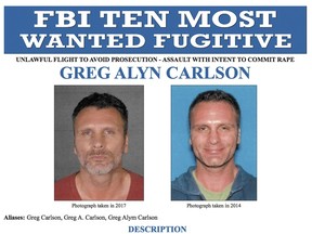 This undated file photos released on Thursday, Sept. 27, 2018 by the FBI shows an FBI wanted poster of Greg Alyn Carlson. (FBI via AP, File)