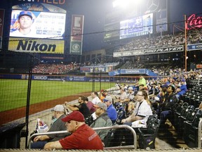 In this July 14, 2017 file photo fans watch from behind a net during the third inning of a game between the New York Mets and the Colorado Rockies in New York.