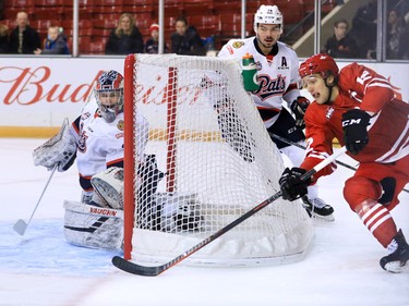 The Calgary Hitmen's Mark Kastelic goes for a wrap around shot on Regina Pats goaltender Max Paddock during WHL action in The Corral Series on Wednesday February 6, 2019. The Hitmen wore Calgary Cowboys jerseys for the game.