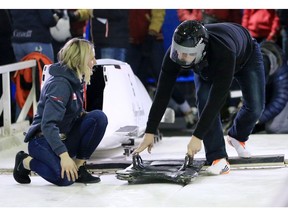 Postmedia sports reporter Daniel Austin gets some last minute advice from national team skeleton racer Mirela Rahneva before he tries out the sport in the Ice House at Canada Olympic Park on Tuesday February 19, 2019. The event was to help launch the BMW IBSF World Cup Bobsled and Skeleton Calgary taking place at COP on February 22-24, 2019. Gavin Young/Postmedia