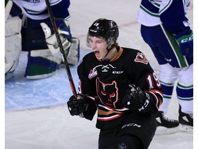 The Calgary Hitmen's Carson Focht celebrates a goal on the Swift Currents during the TELUS BE BRAVE Anti-Bullying Game at the Scotiabank Saddledome on Wednesday February 27, 2019. Gavin Young/Postmedia