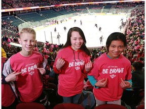 Students from Fish Creek Elementary School were ready to cheer on the Calgary Hitmen during the TELUS BE BRAVE Anti-Bullying Game against the Swift Current Broncos at the Scotiabank Saddledome Wednesday February 27, 2019. Gavin Young/Postmedia