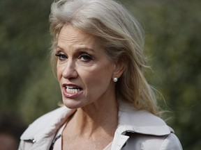 In this Jan. 23, 2019 file photo, White House senior adviser Kellyanne Conway talks with reporters outside the White House in Washington. (AP Photo/ Evan Vucci)