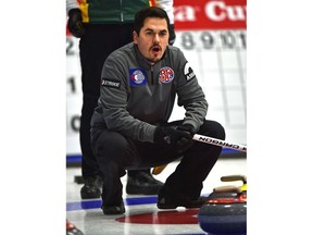 Skip Aaron Sluchinski calling to the sweepers while playing against Team Sturmay during draw 2 of the 2018 Boston Pizza Cup Alberta Men's Curling Championship at Grant Fuhr Arena in Spruce Grove, January 31, 2018. Ed Kaiser/Postmedia Photos for Terry Jones stories running Thursday, Feb. 1 and others through the weekend.