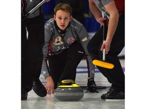 Skip Jeremy Harty throws his rock while playing against Team Appelman during draw 2 of the 2018 Boston Pizza Cup Alberta Men's Curling Championship at Grant Fuhr Arena in Spruce Grove, January 31, 2018. Ed Kaiser/Postmedia Photos for Terry Jones stories running Thursday, Feb. 1 and others through the weekend.
