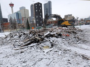 The remains of the Enoch Sales historic home in Victoria Park as it was demolished after a early morning fire Saturday morning in Calgary on Sunday, Feb. 3, 2019.