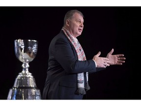 CFL Commissioner Randy Ambrosie addresses the media during the State of the League news conference at Grey Cup week in Edmonton, Friday, November 23, 2018. The CFL's international push continued Thursday as the league announced a partnership with Germany.