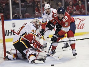 Florida Panthers left wing Mike Hoffman tries to score against as Calgary Flames goaltender Mike Smith blocks the puck during the first period of an NHL hockey game Thursday, Feb. 14, 2019, in Sunrise, Fla. (AP Photo/Brynn Anderson) ORG XMIT: FLBA114