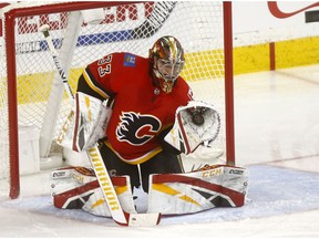 Calgary Flames goalie, David Rittich makes a save against the Carolina Hurricanes in second period action at the Scotiabank Saddledome in Calgary on Tuesday January 22, 2019. Darren Makowichuk/Postmedia