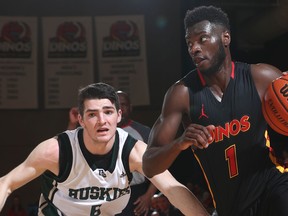 Calgary Dinos guard Mambi Diawara with the ball during his team's 117-77 victory over the University of Saskatchewan Huskies in Game 2 of their Canada West semifinal on Feb. 22. David Moll/Dino Athletics