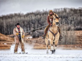 Kirk Prescott practices skijoring with Brad Karl, both will be competing in this weekends Skijordue at the Calgary Polo Club on February 23. Leah Hennel/Postmedia