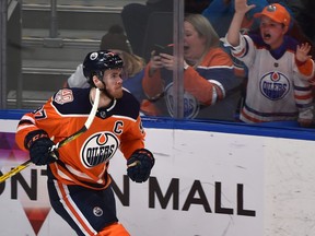Edmonton Oilers Connor McDavid scores the overtime goal defeating the New York Islanders 4-3 during NHL action at Rogers Place in Edmonton, February 21, 2019.
