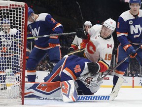 Matthew Tkachuk scores a power-play goal against New York Islanders goaltender Robin Lehner on Feb. 26, 2019 in Uniondale, New York.