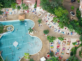 This view taken on November 29, 2013 from 107 metres shows a pool and artificial beach at the Tropical Island Resort in Brand, southeast of Berlin. (PATRICK PLEUL/AFP/Getty Images)