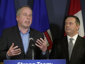 Former Edmonton Eskimos president and CEO Len Rhodes, left, will be the UCP candidate for Edmonton-Meadows in the upcoming provincial election, UCP Leader Jason Kenney said on Thursday, Feb. 21, 2019.