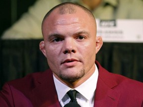 Anthony Smith attends a news conference for the UFC 235 mixed martial arts event, Thursday, Jan. 31, 2019, in Las Vegas. Smith is scheduled to fight Jon Joneson March 2 in Las Vegas.