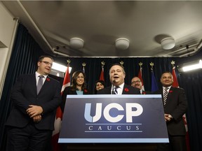 United Conservative Party leader Jason Kenney (at podium) announces his leadership team during a news conference at the Alberta Legislature in Edmonton, Alberta on Monday, October 30, 2017. (Left to right) Rimbey-Rocky Mountain House-Sundre MLA Jason Nixon as the Leader of the Opposition in the Legislature and the Opposition House Leader, Airdrie MLA Angela Pitt as Deputy House Leader, Chestermere-Rocky View MLA Leela Aheer as Deputy Leader, Calgary-Hays MLA Ric McIver as Chief Whip and Calgary-Greenway MLA Prab Gill as Deputy Whip. Photo by Ian Kucerak