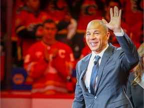 Jarome Iginla, Calgary Flames all-time leader in points and games played, during his jersey retiring ceremony at the Scotiabank Saddledome in Calgary on Saturday, March 2, 2019.