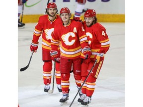 Calgary Flames Matthew Tkachuk celebrates with teammates after scoring against the New York Rangers in NHL hockey at the Scotiabank Saddledome in Calgary on Friday, March 15, 2019. Al Charest/Postmedia