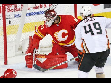 Calgary Flames goaltender Mike Smith deflects this Anaheim Ducks shot during NHL action in Calgary on Friday, March 29, 2019.