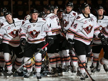 The Calgary Hitmen hit the ice at the start of their play-off game against the Lethbridge Hurricanes in Calgary on Sunday, March 31, 2019. The Hurricanes won the game 7-6 in overtime forcing a seventh game back in Lethbridge.